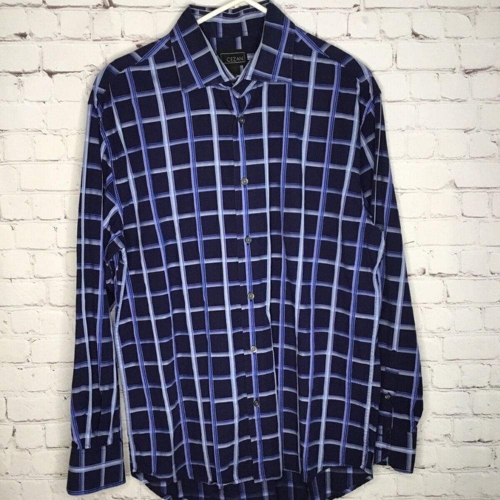 Cezani Men's Blue Plaid 100% Cotton Long Sleeve Button Up Shirt Size‎ L